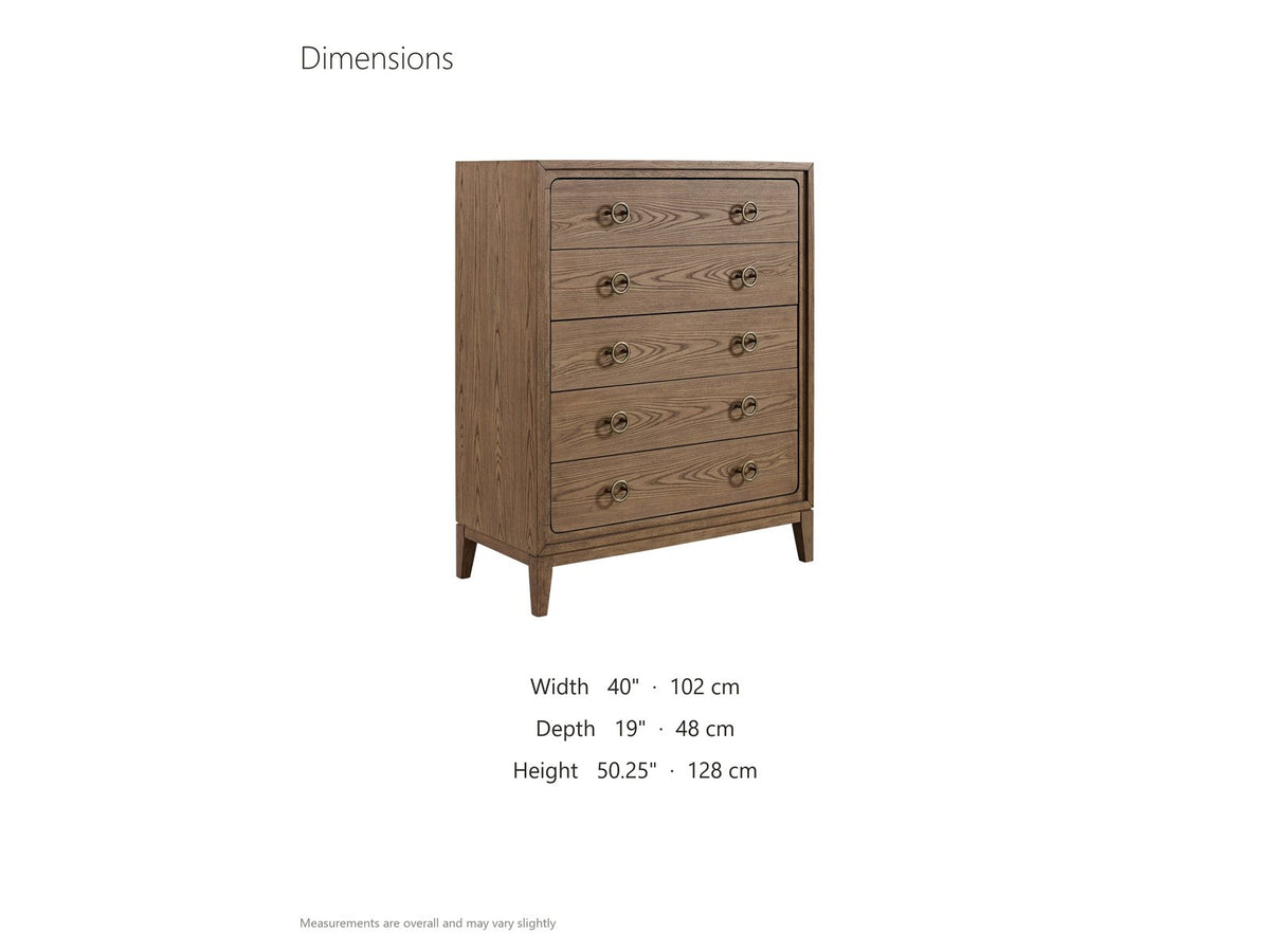 Legnago 40-Inch Latte Elm 5-Drawer Chest dimensions: 40.0 in wide, 19.0 in deep, 50.25 in high