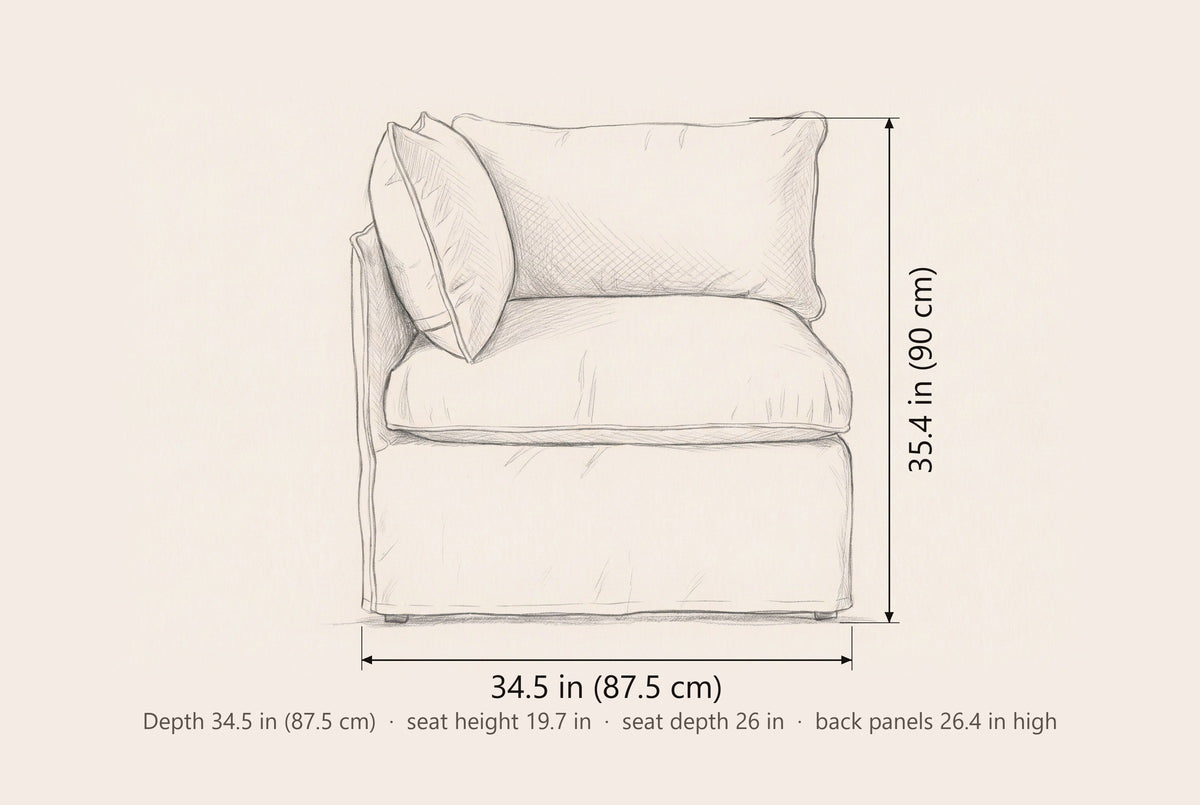 Lentini corner chair dimensions: 34.5 in wide, 35.4 in high, 34.5 in deep