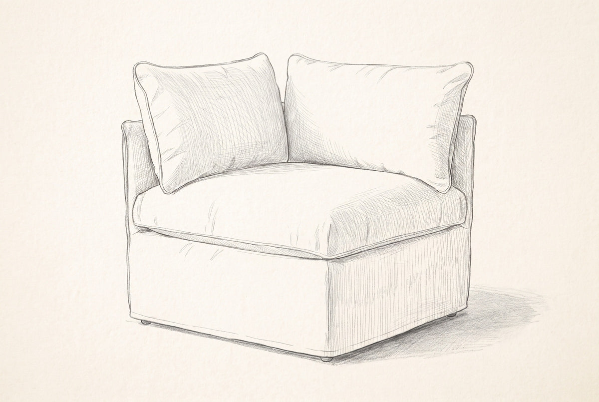 Pencil sketch of the Lentini corner chair, three-quarter view from the front