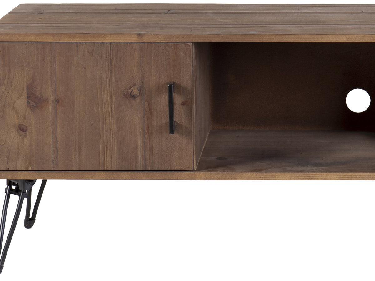 Close-up of the Lerici 60-Inch Reclaimed Wood Hairpin Leg Media Console: a plank door with its black iron bar pull, the case edge and the open bay with its cable hole