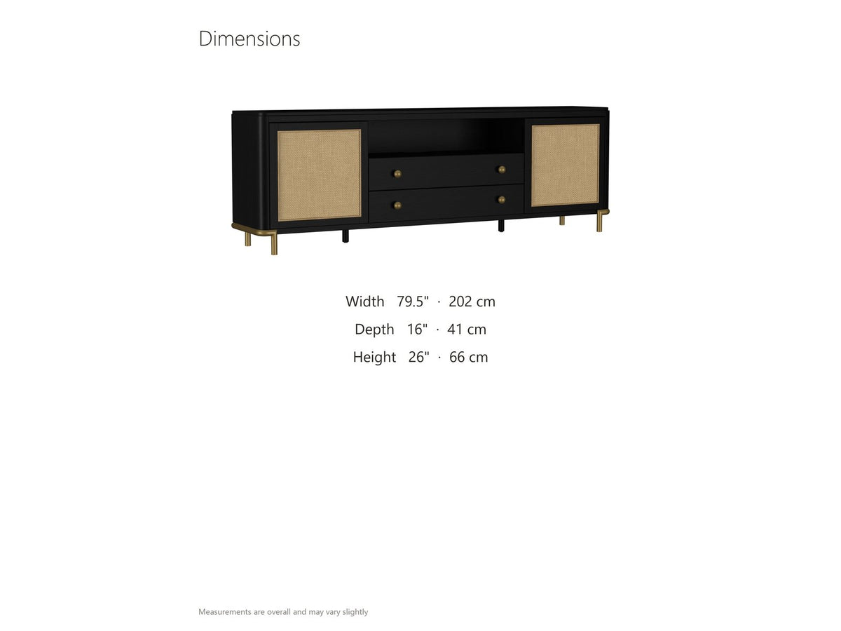 Levanto 80-Inch Black Ash and Rattan Media Console dimensions: 79.5 in wide, 16 in deep, 26 in high