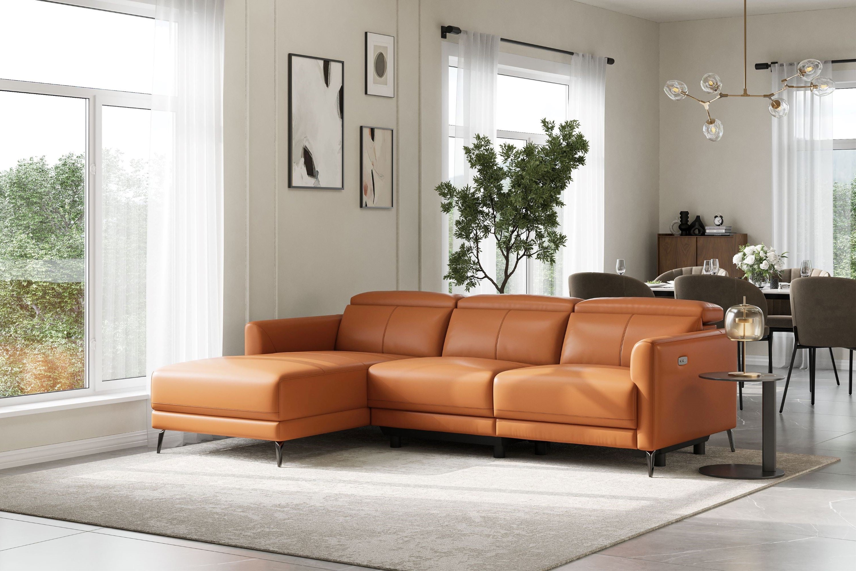 Valencia Andria Cognac Leather Reclining Sectional Sofa | Modern Luxury Scene diagram