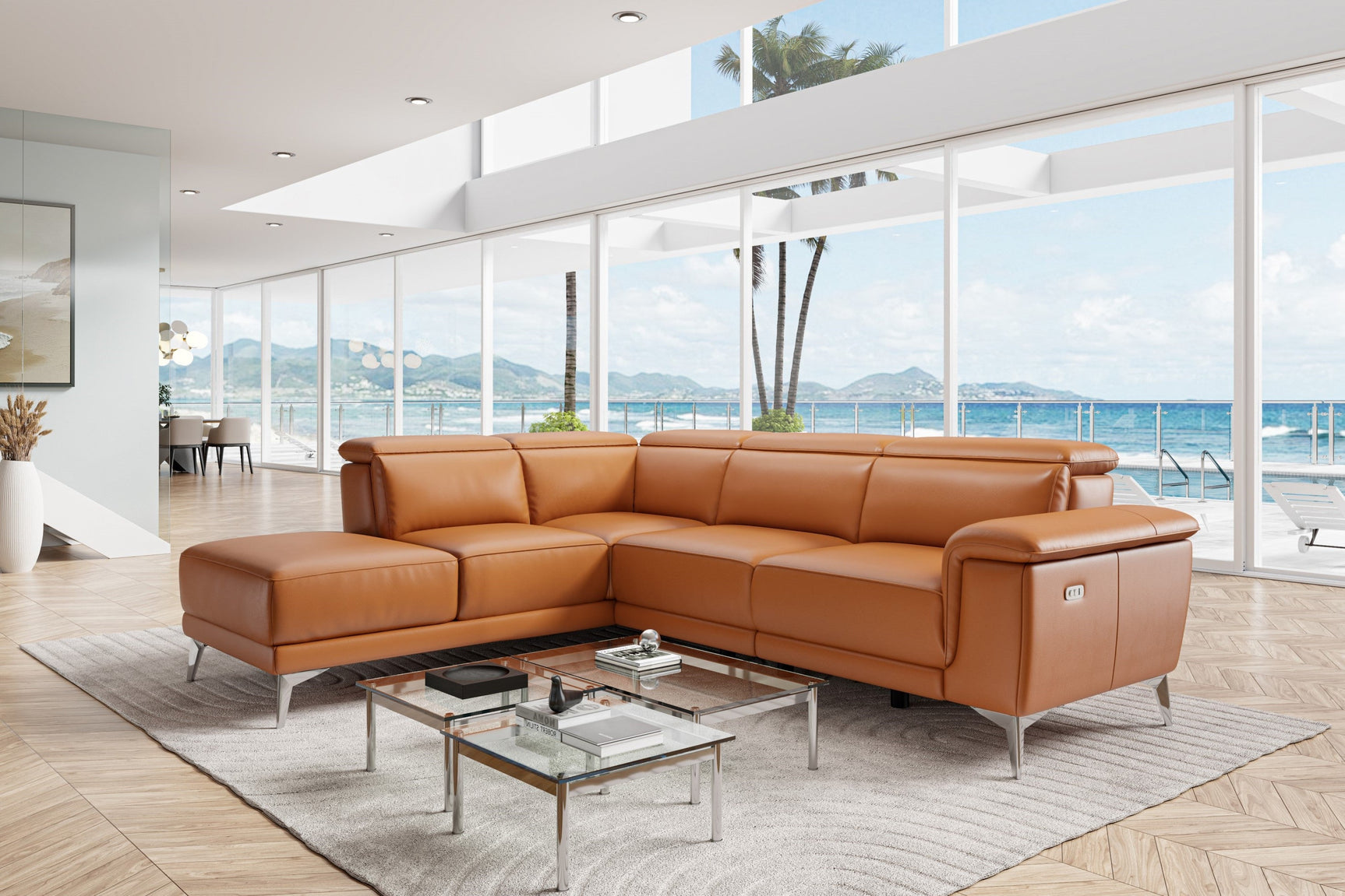 Valencia Pista Modern Top Grain Leather Reclining Sectional Sofa with Left-Hand Facing Chaise, Cognac Scene diagram
