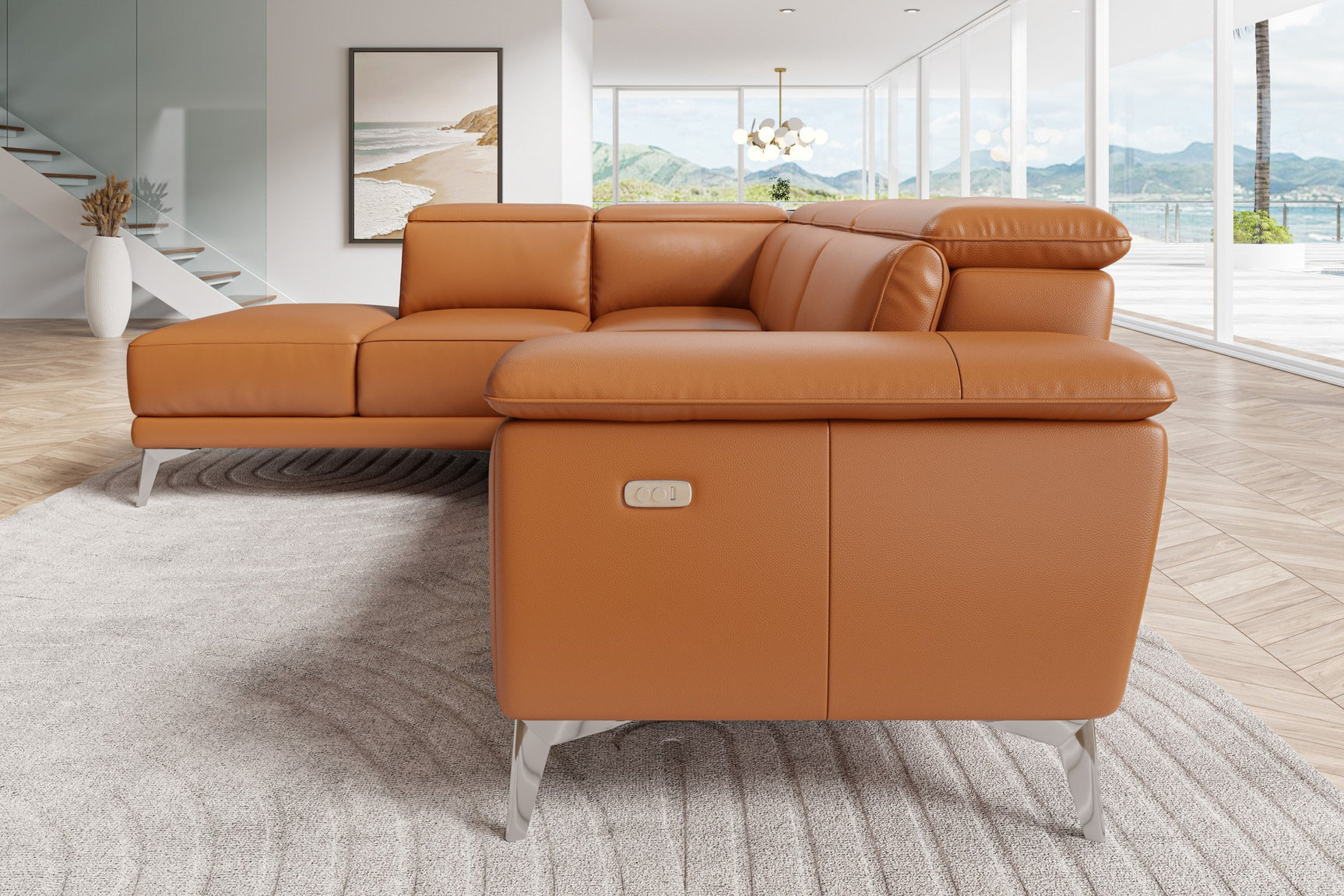 Valencia Pista Modern Top Grain Leather Reclining Sectional Sofa with Left-Hand Facing Chaise, Cognac Left side diagram