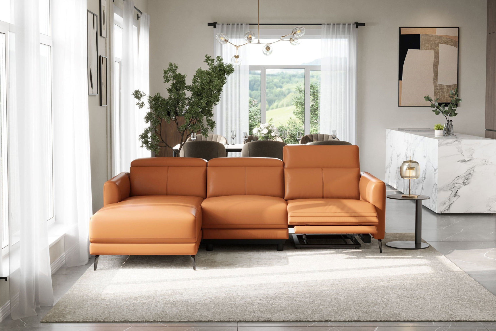 Valencia Andria Cognac Leather Reclining Sectional Sofa | Modern Luxury Scene diagram