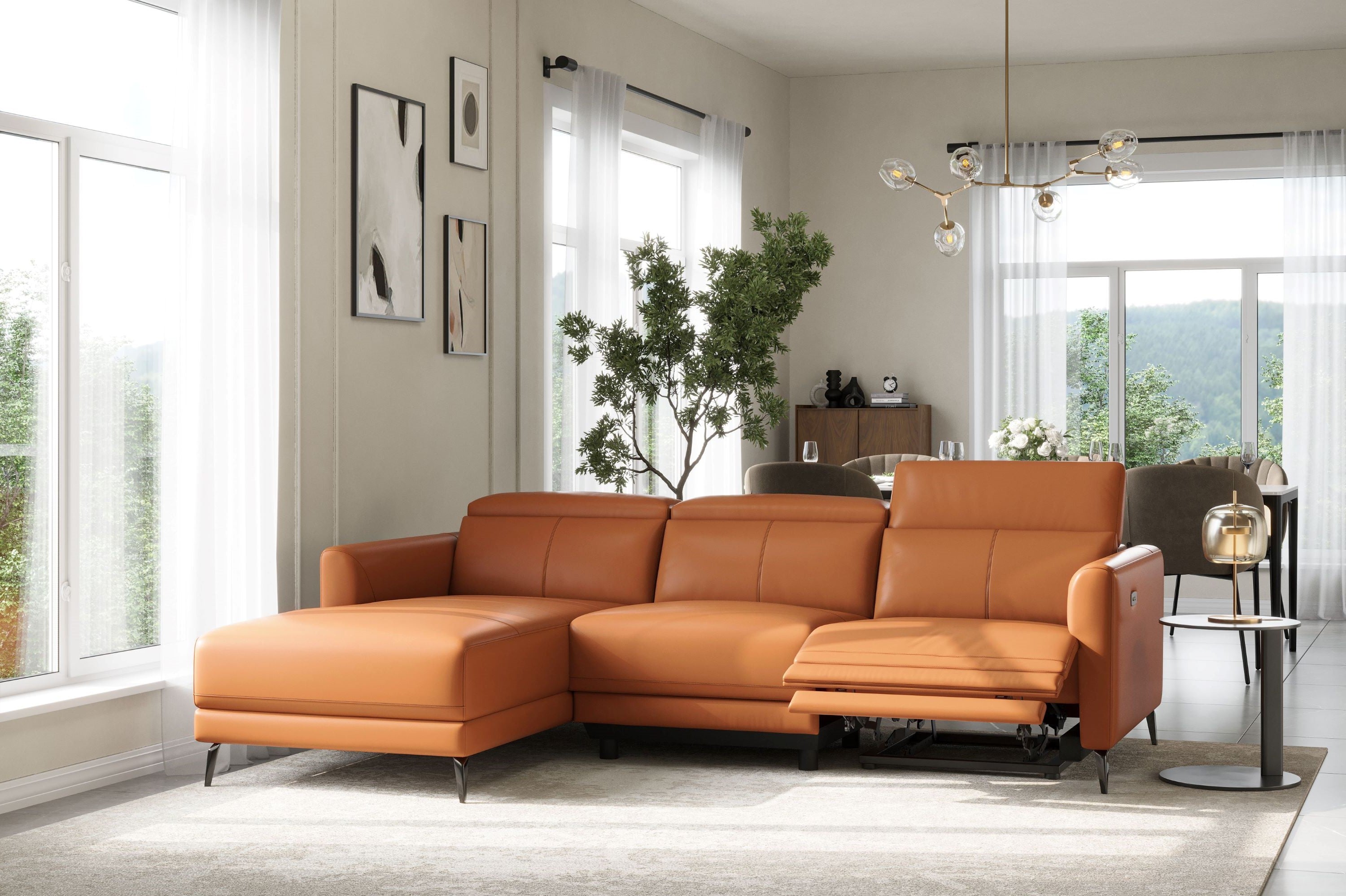 Valencia Andria Cognac Leather Reclining Sectional Sofa | Modern Luxury Left sid Scene diagram