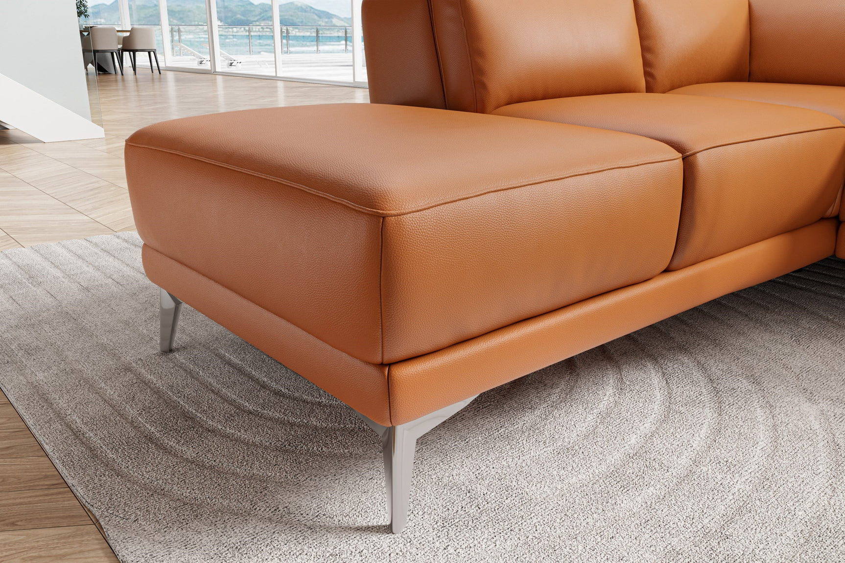 Valencia Pista Modern Top Grain Leather Reclining Sectional Sofa with Left-Hand Facing Chaise, Cognac Right side diagram