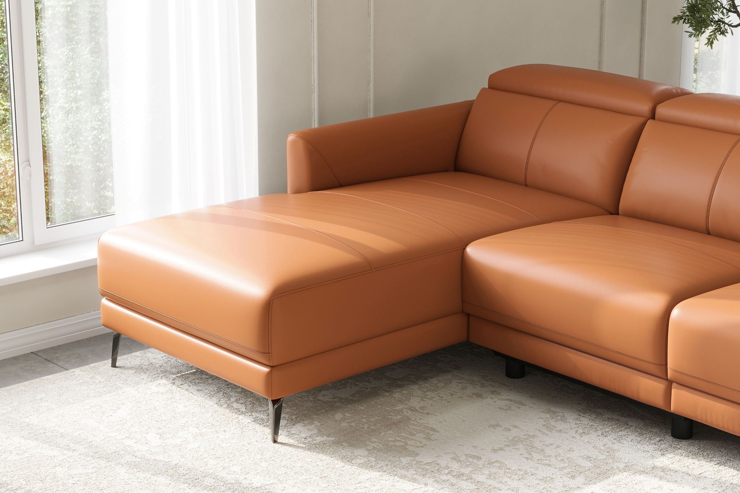 Valencia Andria Cognac Leather Reclining Sectional Sofa | Modern Luxury Right side Scene diagram