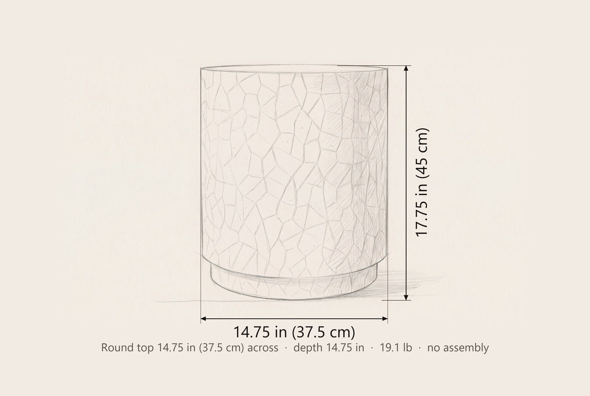 Linguaglossa side table dimensions: 14.75 in across, 17.75 in high