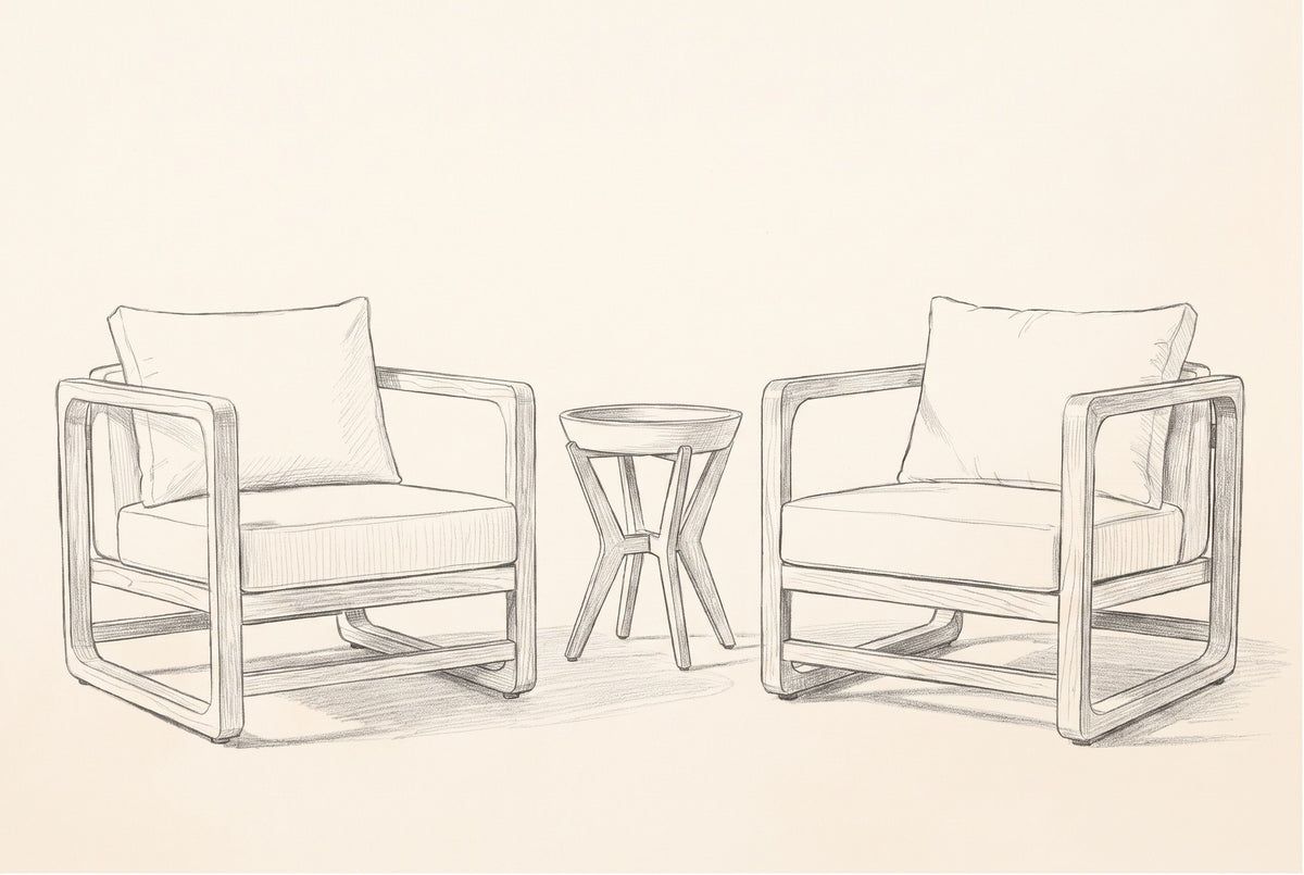 Pencil sketch of the Linosa lounge chairs and side table
