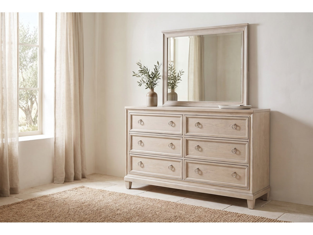 Loreto Washed Oak Upholstered Bedroom Set: dresser with its mirror