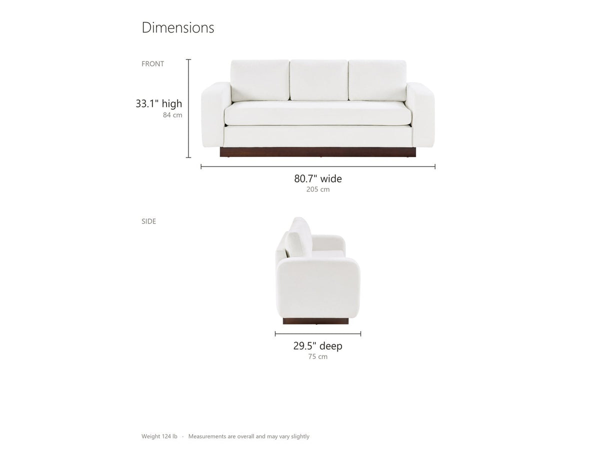 Lucca Plinth-Base Sofa dimensions: 80.7 in wide, 29.5 in deep, 33.1 in high
