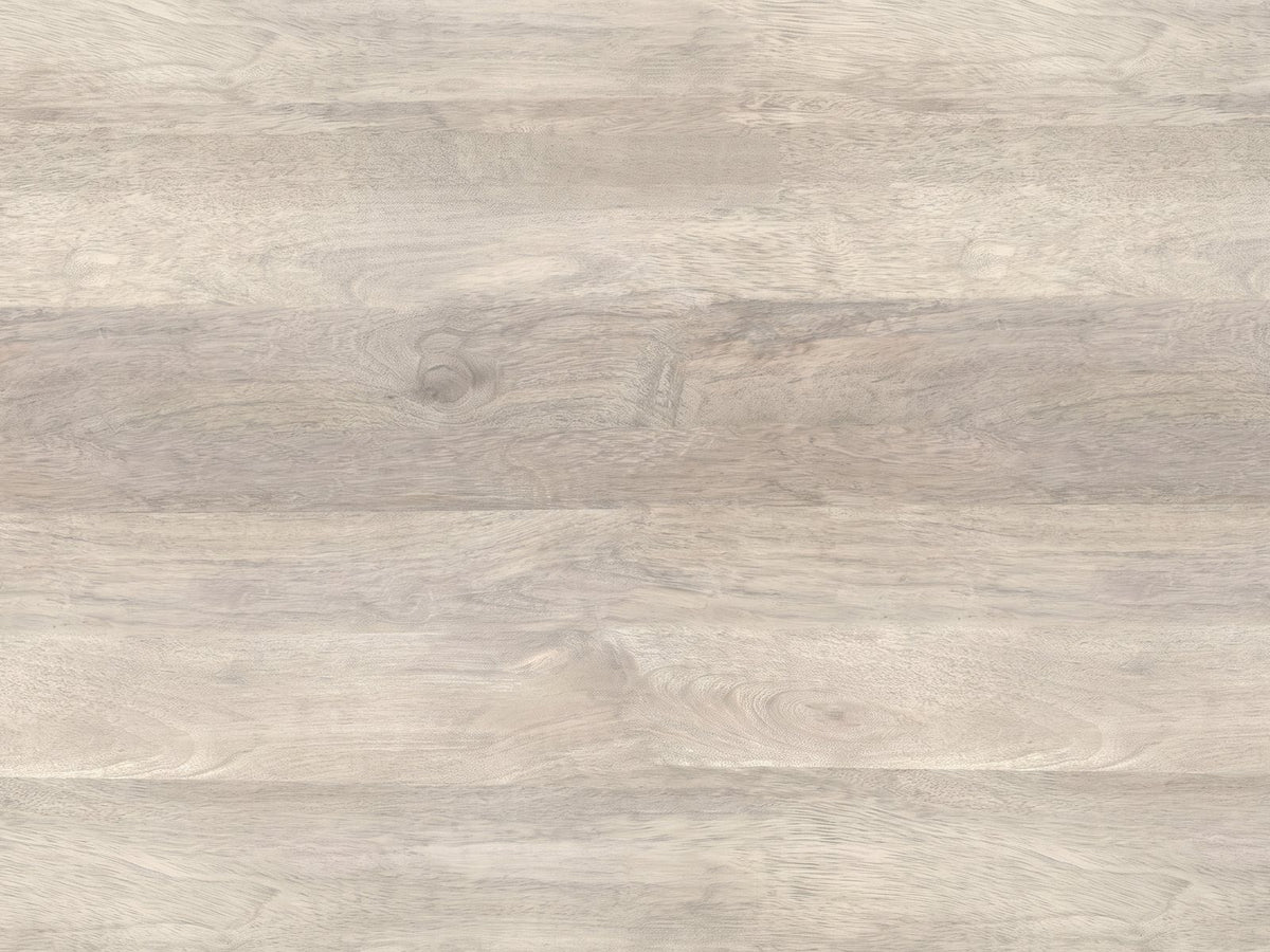 Close-up of the Lucignano Whitewashed Mango Drum Coffee Table: the whitewashed mango planks of the round top