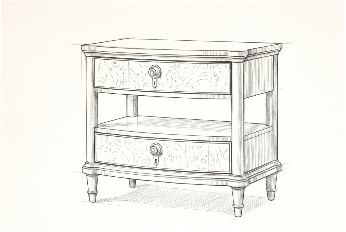 Pencil sketch of the Luras nightstand, drawn from the same three-quarter view
