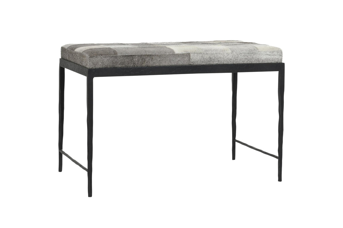 Luzzi 28-Inch Gray Hair-on-Hide Patchwork Iron Bench, Seats 1 on a white background