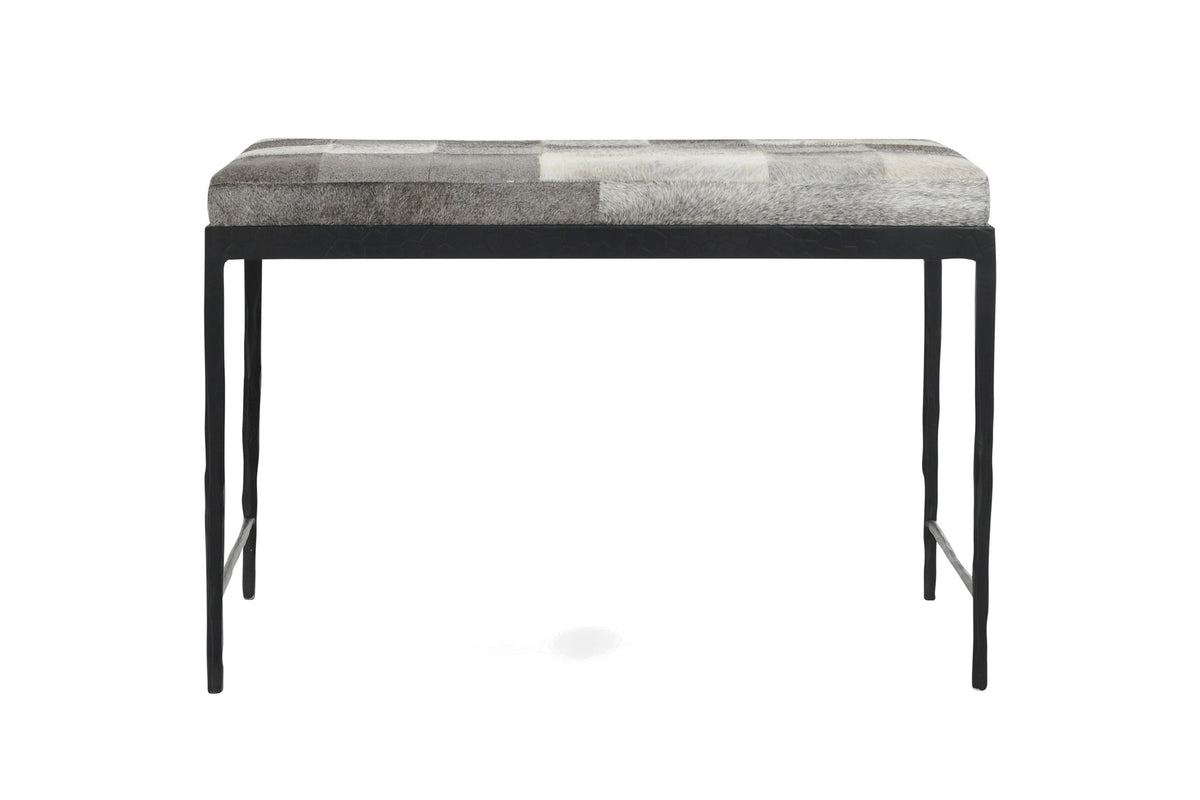 Luzzi 28-Inch Gray Hair-on-Hide Patchwork Iron Bench, Seats 1, front view