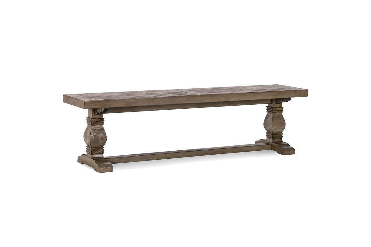 Maierato 66-Inch Reclaimed Pine Pedestal Dining Bench, Seats 3 on a white background