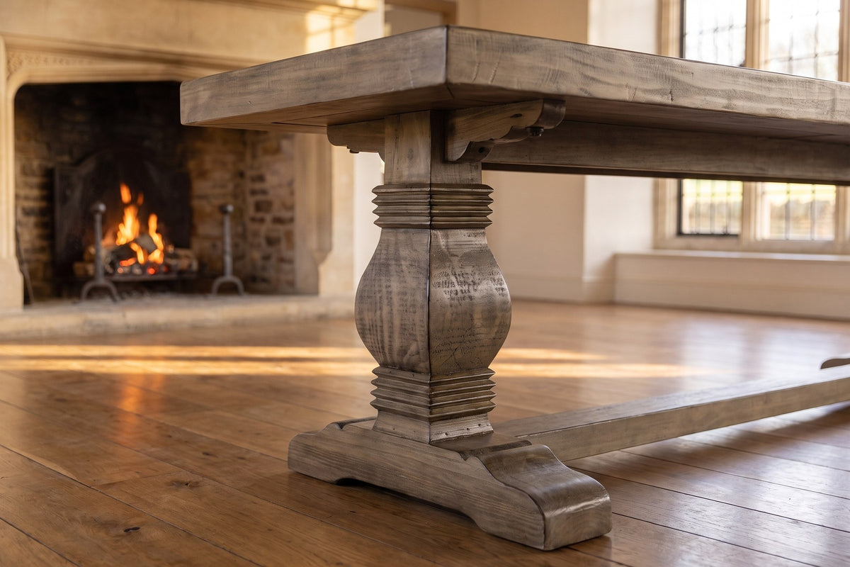 Close-up of the Maierato 66-Inch Reclaimed Pine Pedestal Dining Bench, Seats 3: pedestal