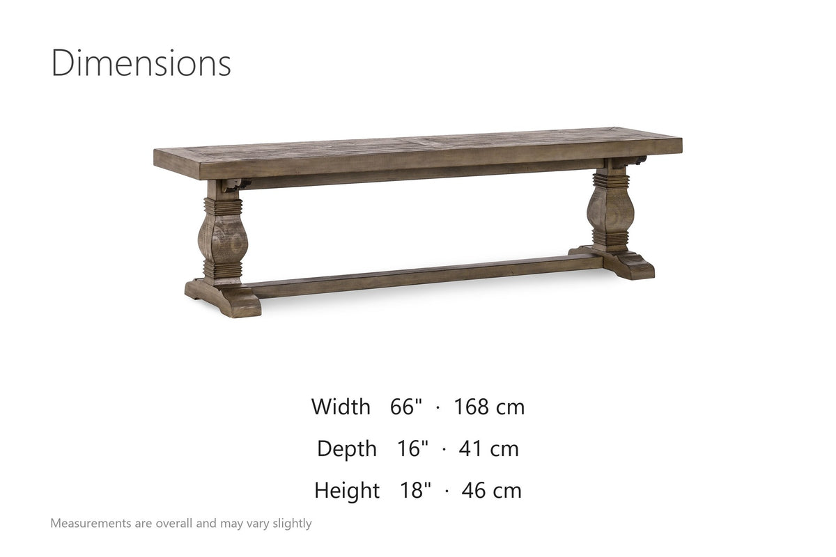 Maierato 66-Inch Reclaimed Pine Pedestal Dining Bench, Seats 3 dimensions