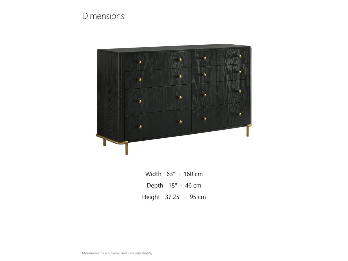 Malcesine 63-Inch Wire-Brushed Black 8-Drawer Dresser dimensions: 63.0 in wide, 18.0 in deep, 37.25 in high