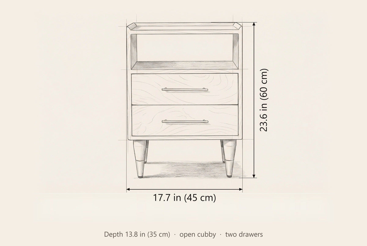 Mamoiada nightstand dimensions: 17.7 in wide, 23.6 in high, 13.8 in deep