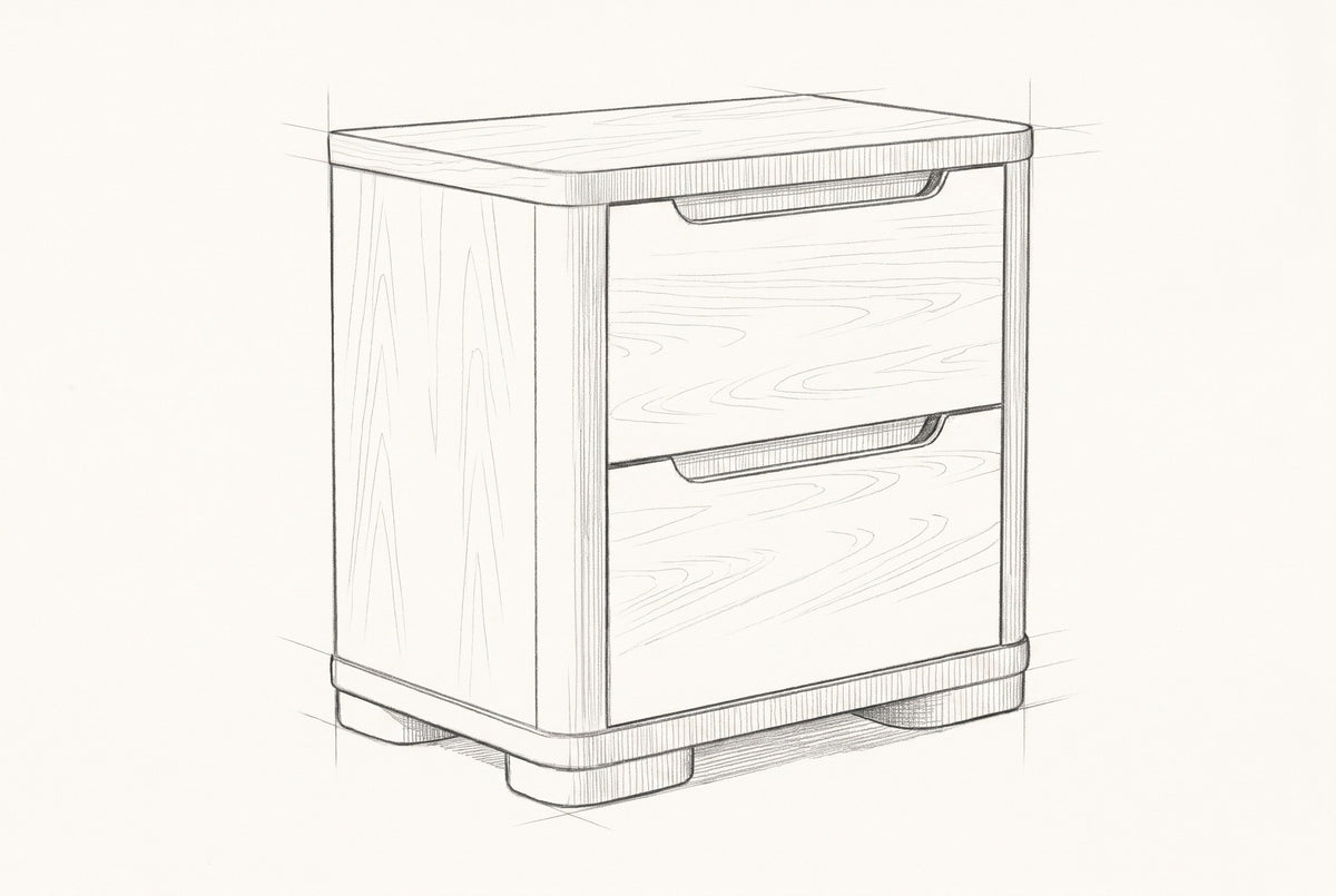Pencil sketch of the Mandas nightstand, drawn from the same three-quarter view