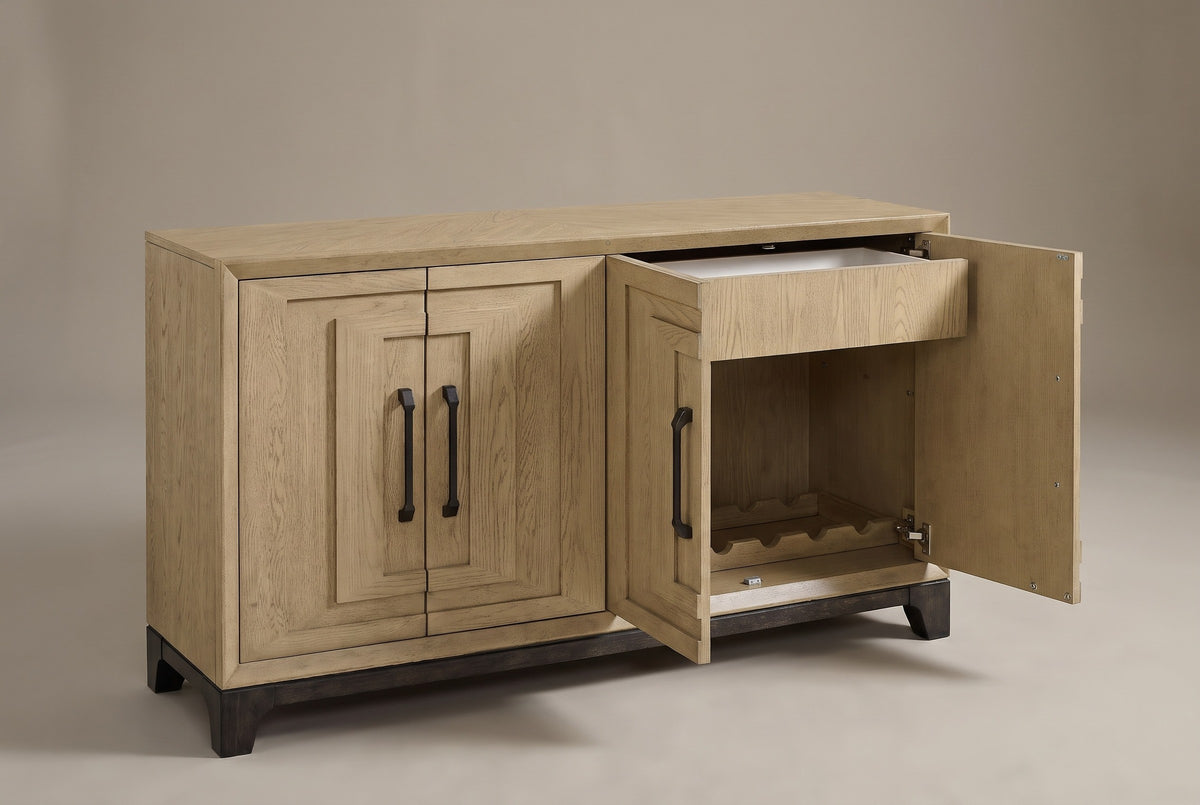The Maratea sideboard with its right pair of doors open: a wide drawer above an open compartment with a rack for wine bottles, the left pair closed