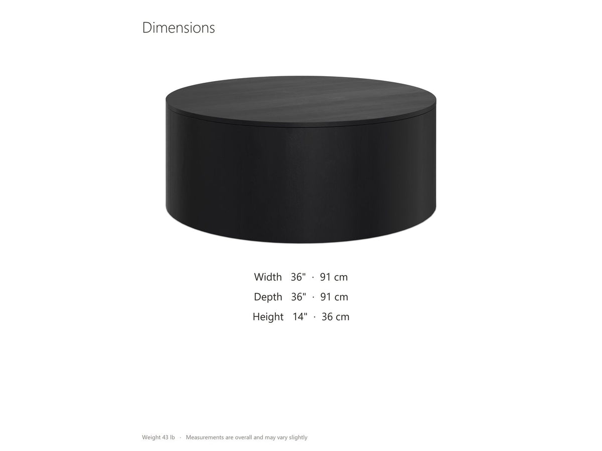 Marostica Black Mango Drum Coffee Table dimensions: 36.0 in wide, 36.0 in deep, 14.0 in high