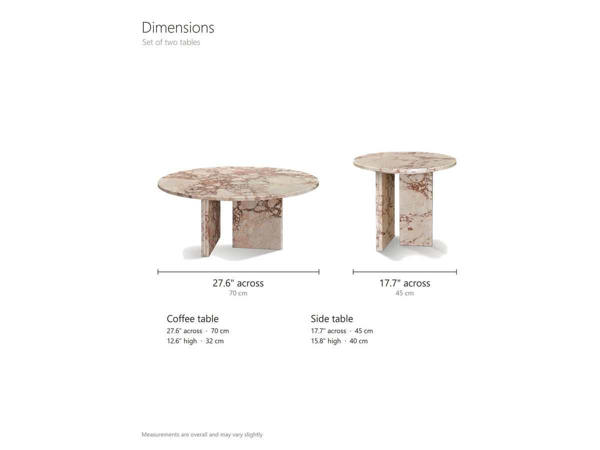 Marzamemi Rosa Marble Nesting Coffee Tables, Set of 2 dimensions: coffee table 27.6 in across and 12.6 in high, side table 17.7 in across and 15.8 in high