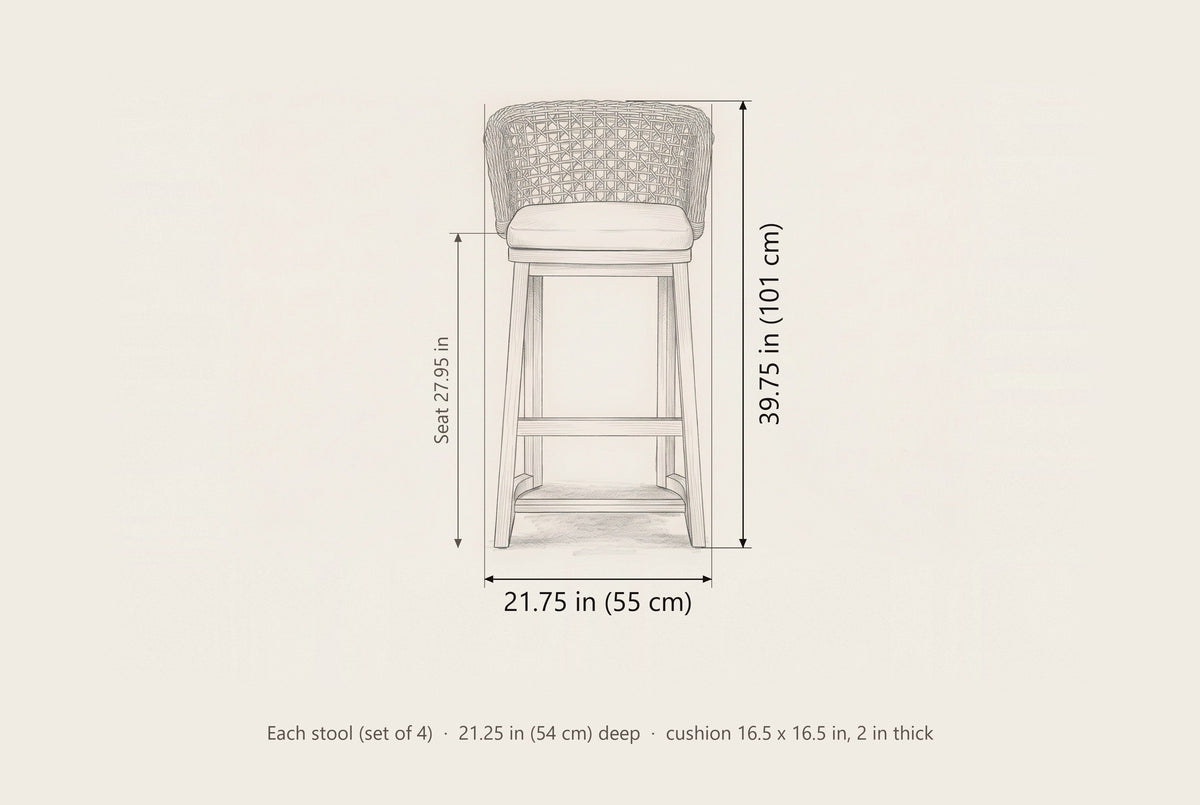 Mascali bar stool dimensions: each stool 21.75 in wide, 39.75 in high, seat 27.95 in, 21.25 in deep