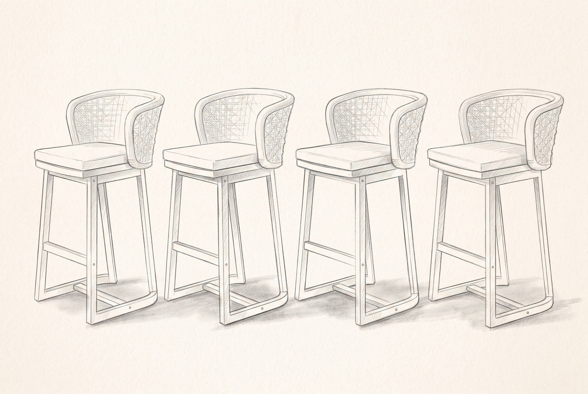 Pencil sketch of the four Mascali bar stools, three-quarter view