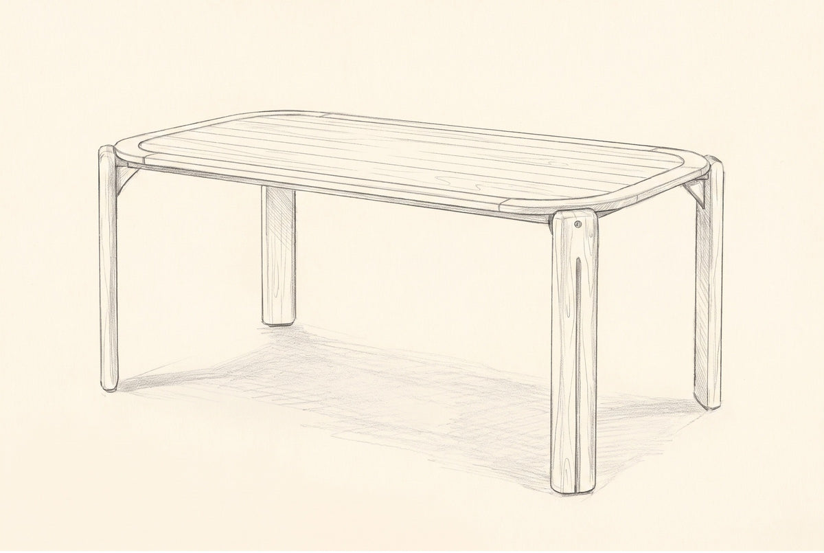 Pencil sketch of the Mazara dining table, three-quarter view
