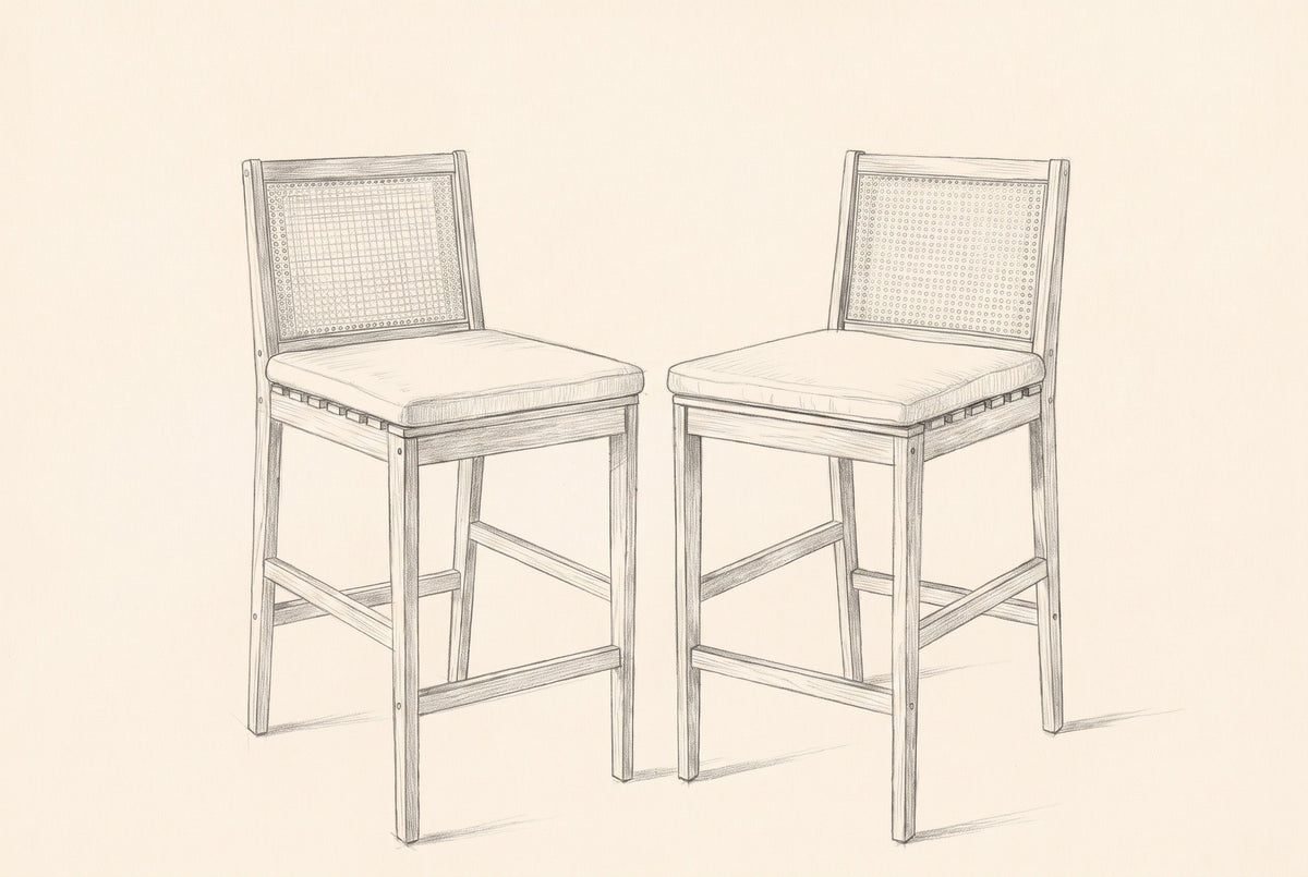 Pencil sketch of the two Mazzarino bar stools, three-quarter view
