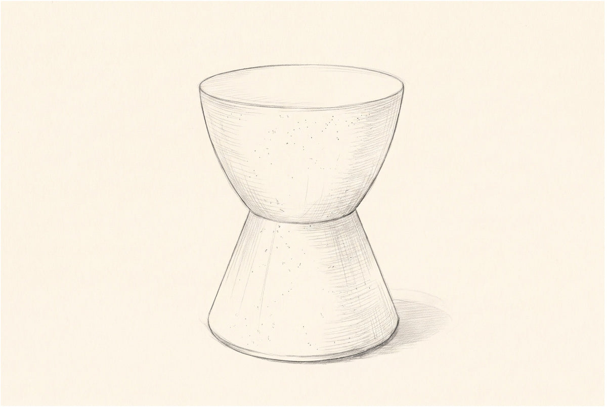 Pencil sketch of the Mazzaro side table, drawn from the same three-quarter view