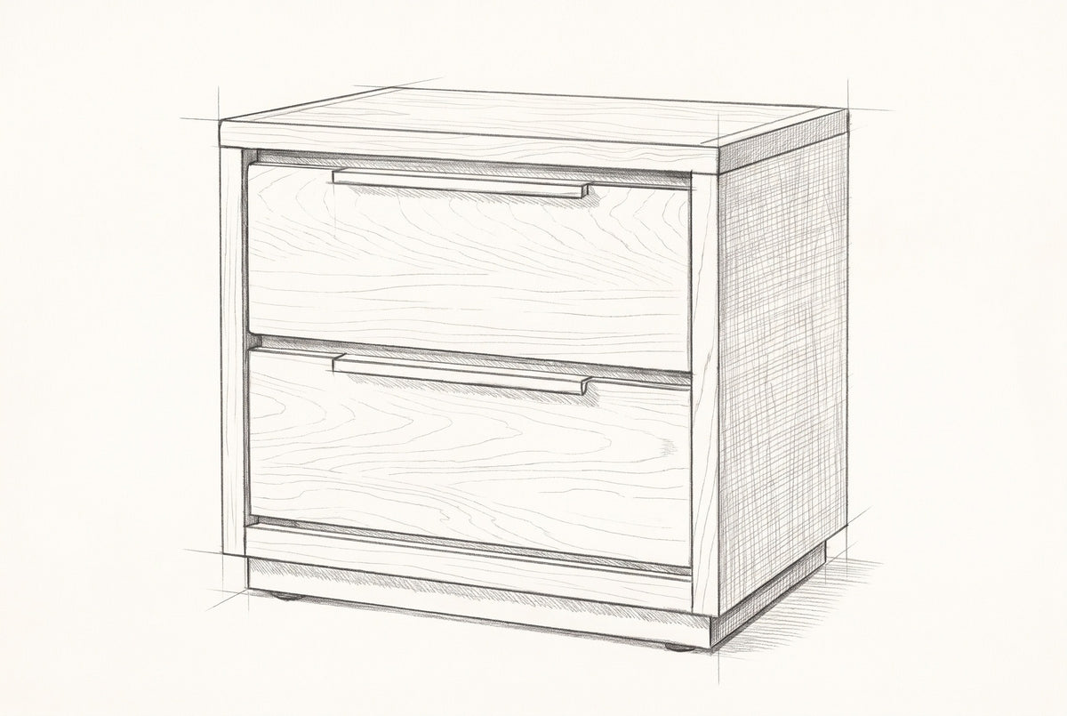 Pencil sketch of the Melfi nightstand, drawn from the same three-quarter view