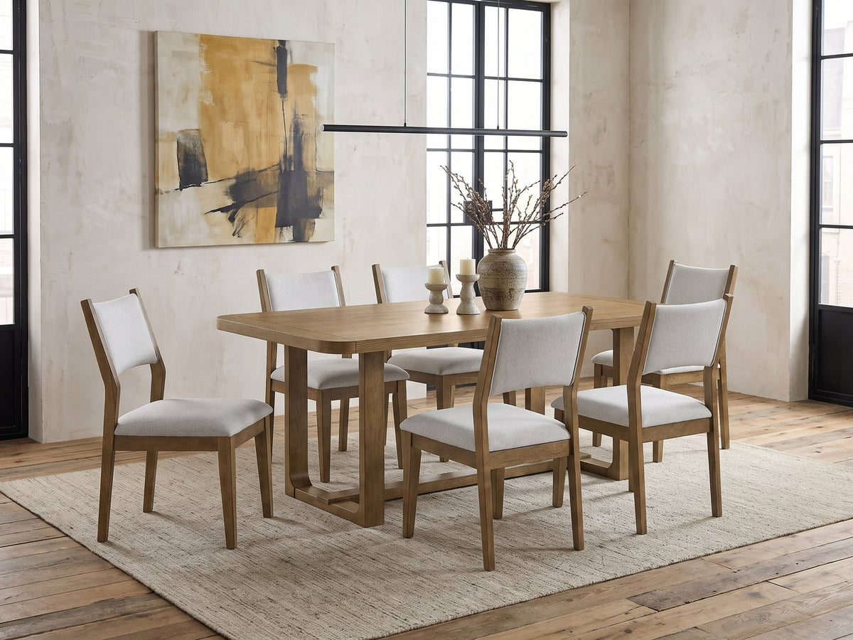 Mileto 72-Inch Light Oak Trestle Dining Set with 6 Upholstered Chairs in an industrial loft dining area