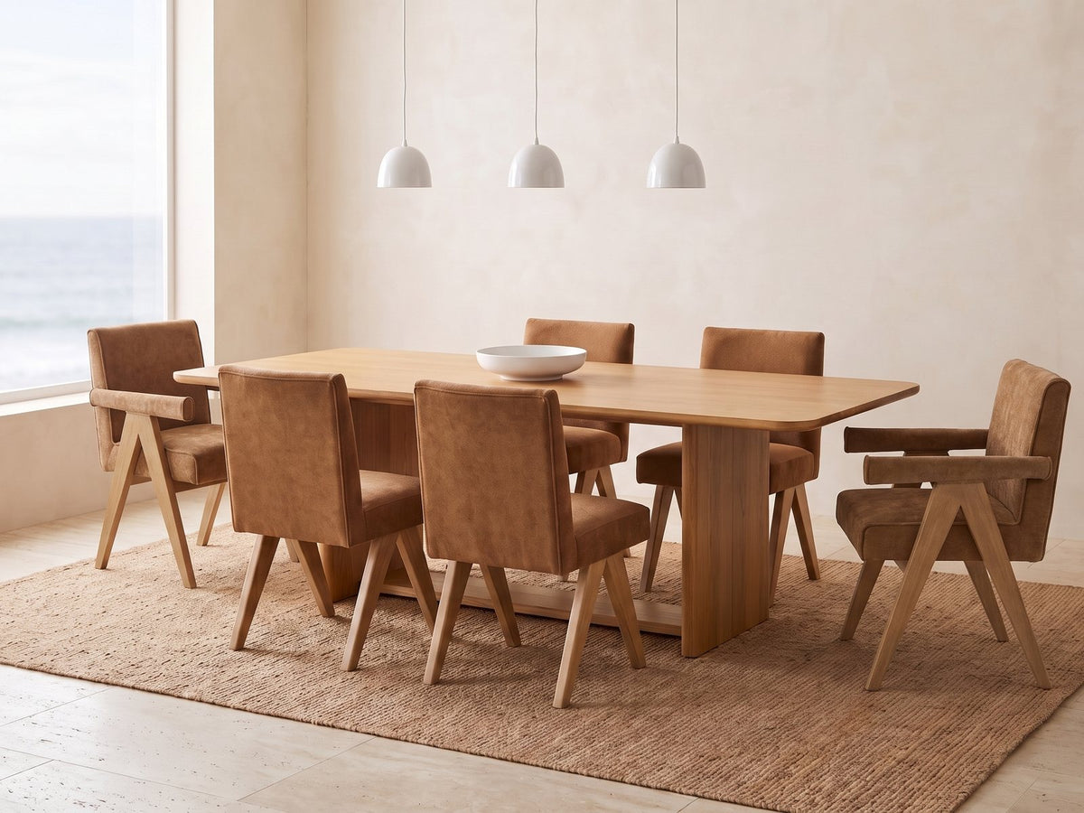Minturno 95-Inch Light Oak Sled Base Dining Set with 6 Chairs in a bright coastal dining room on a jute rug