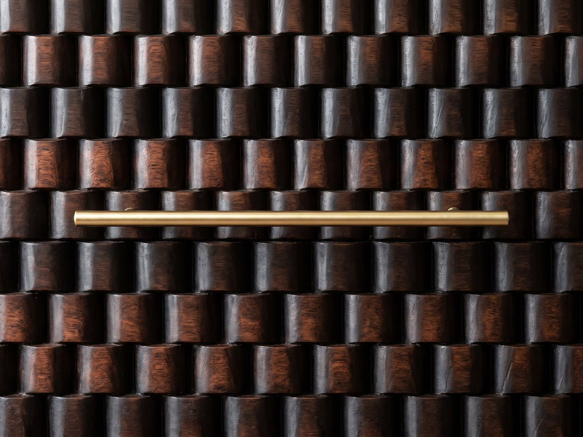 Close-up of the Mirano 33-Inch Velvet Mocha Carved Mango 3-Drawer Chest: the hand-carved rounded blocks of a drawer front and its slim brass bar pull