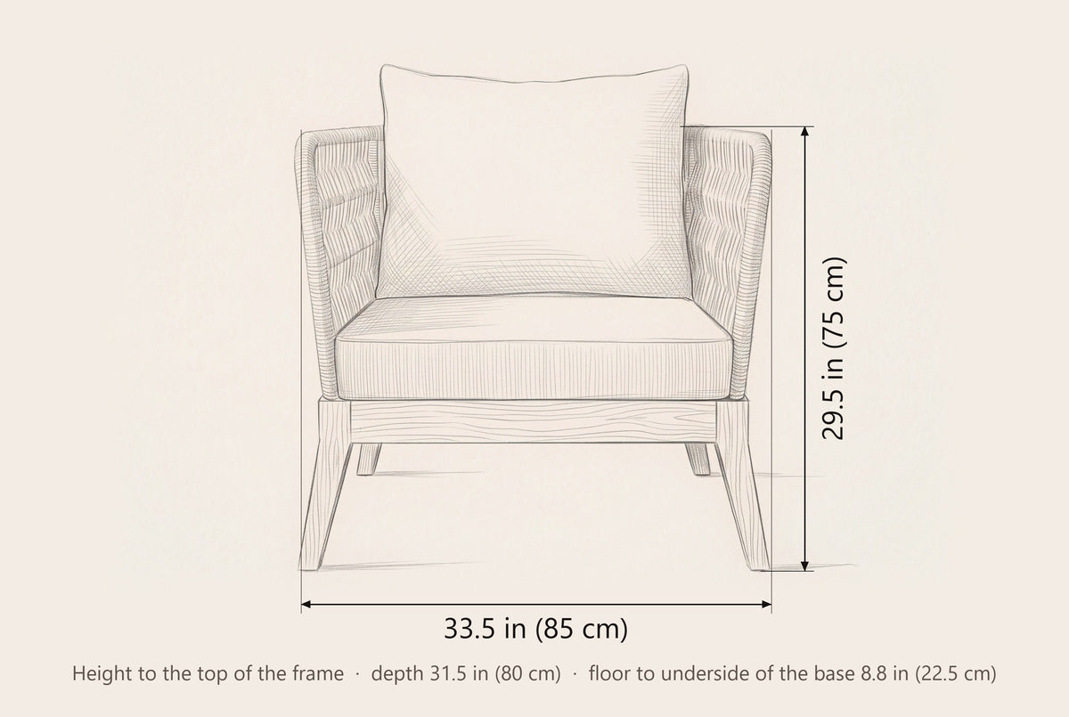 Mistretta lounge chair dimensions: 33.5 in wide, 29.5 in high to the top of the frame, 31.5 in deep