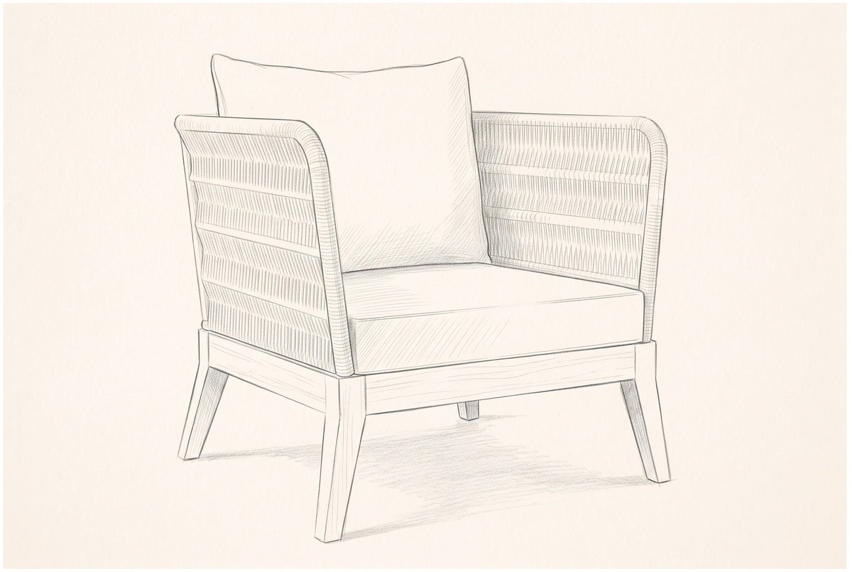 Pencil sketch of the Mistretta lounge chair, three-quarter front view
