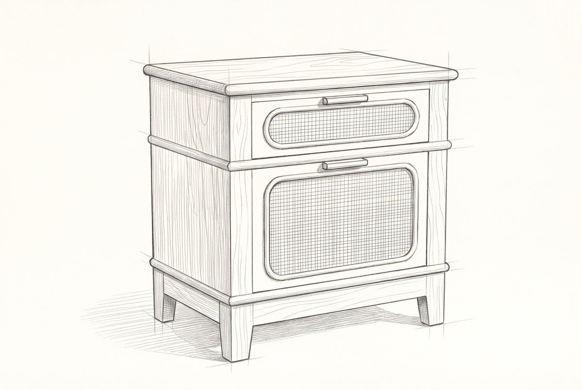 Pencil sketch of the Mogoro nightstand, drawn from the same three-quarter view