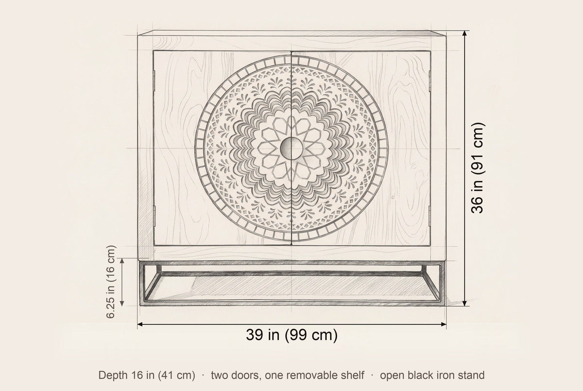 Molfetta cabinet dimensions: 39 in wide, 36 in high, 16 in deep, stand 6.25 in high