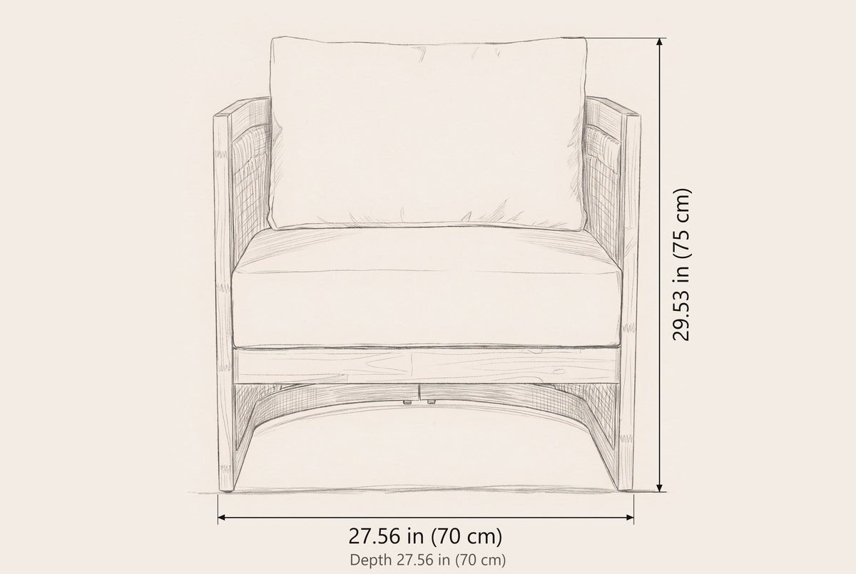 Mondello club chair dimensions: 27.56 in wide, 29.53 in high, 27.56 in deep