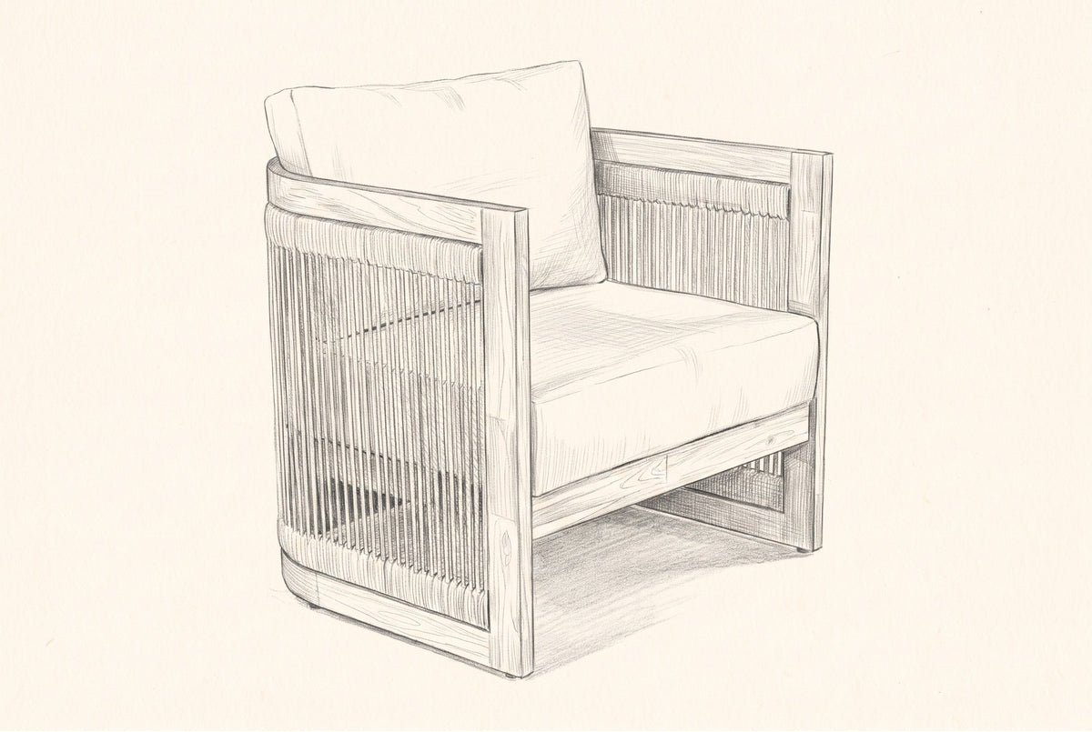 Pencil sketch of the Mondello club chair, three-quarter view from the front