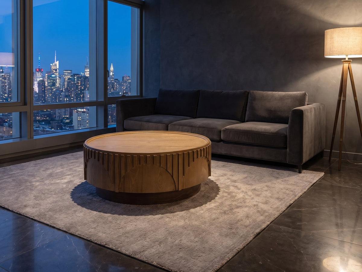 Mondovi 36-Inch Round Carved Limed Ash Drum Coffee Table on a wool rug in front of a velvet sofa in a city penthouse at blue hour