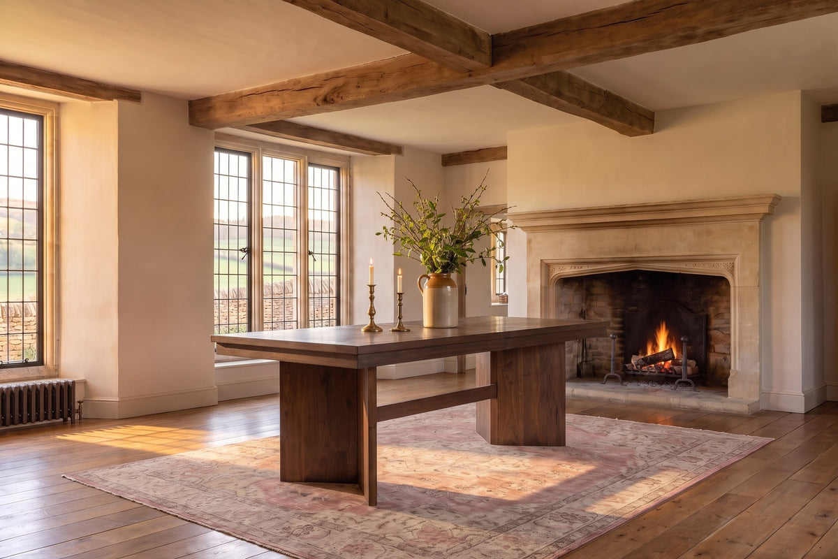 Mongiana 76-94-Inch Extending Rectangular Walnut Veneer Dining Table in an English country dining room