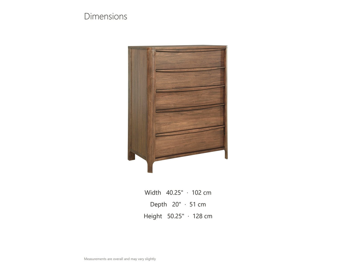Montagnana 40-Inch Walnut 5-Drawer Chest dimensions: 40.25 in wide, 20.0 in deep, 50.25 in high