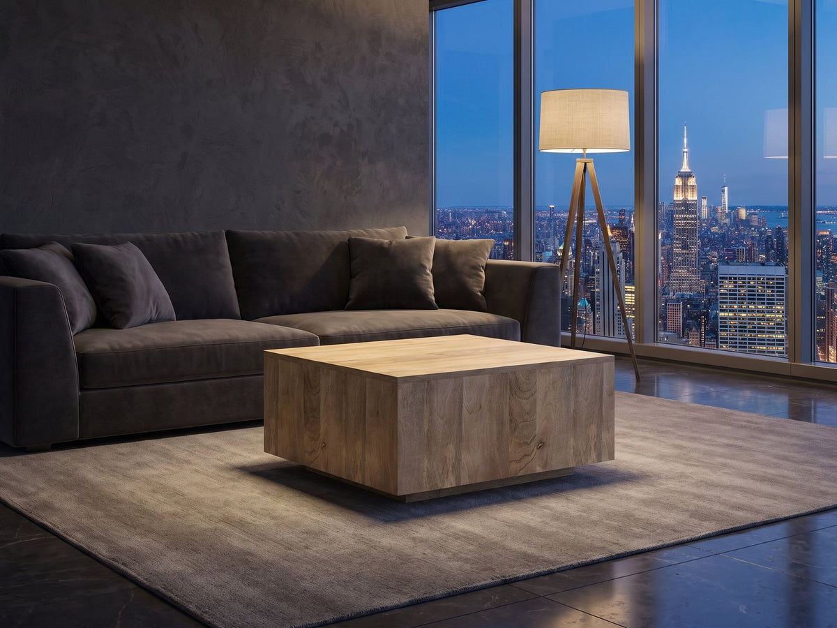 Montecatini Square Mango Coffee Table on a wool rug in front of a velvet sofa in a city penthouse at blue hour