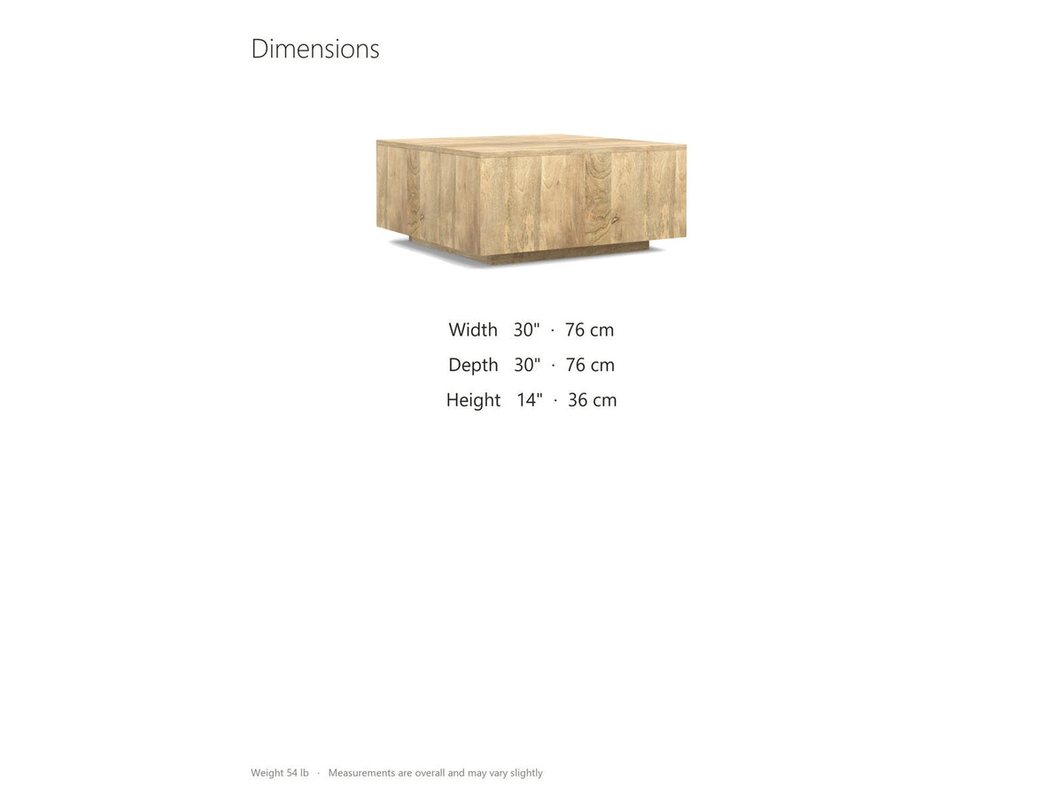 Montecatini Square Mango Coffee Table dimensions: 30.0 in wide, 30.0 in deep, 14.0 in high