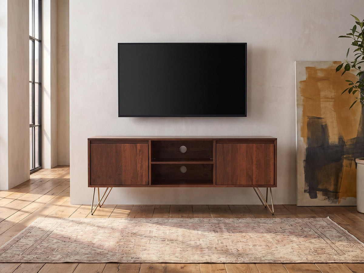 Montefalco Solid Mango Media Console under a wall-mounted screen in an industrial loft